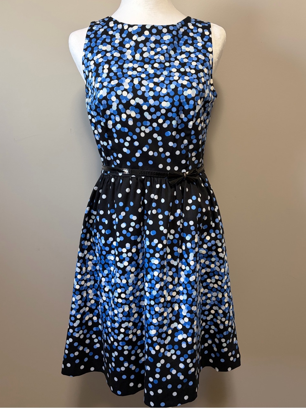 Suzy Shier Black, Blue & White Polka Dot Fit-and-Flare Dress